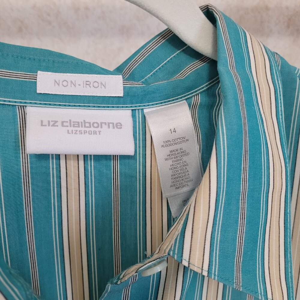 Turquoise Brown White Teal Pin Striped Blouse Size 14 Liz Claiborne